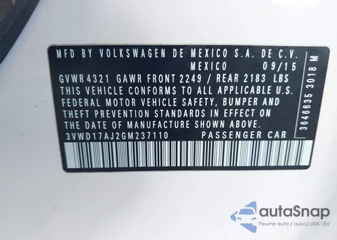 2016 Volkswagen Jetta 1.8T Sport from USA, damaged, VIN 3VWD17AJ2GM237110